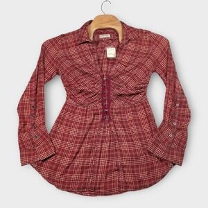 New Free People Catalina Remade Red Plaid Shirt Womens Small Tunic BOHO Summer